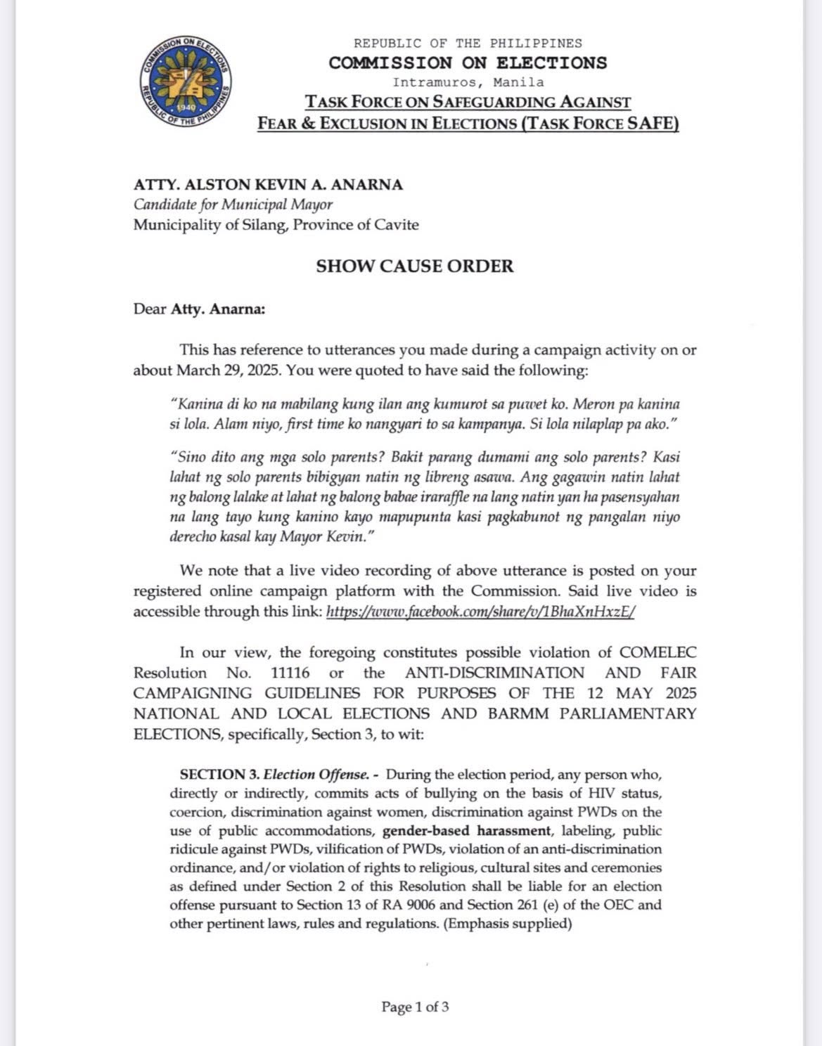 Show Cause order kay Atty. Alston Kevin A. Anarna